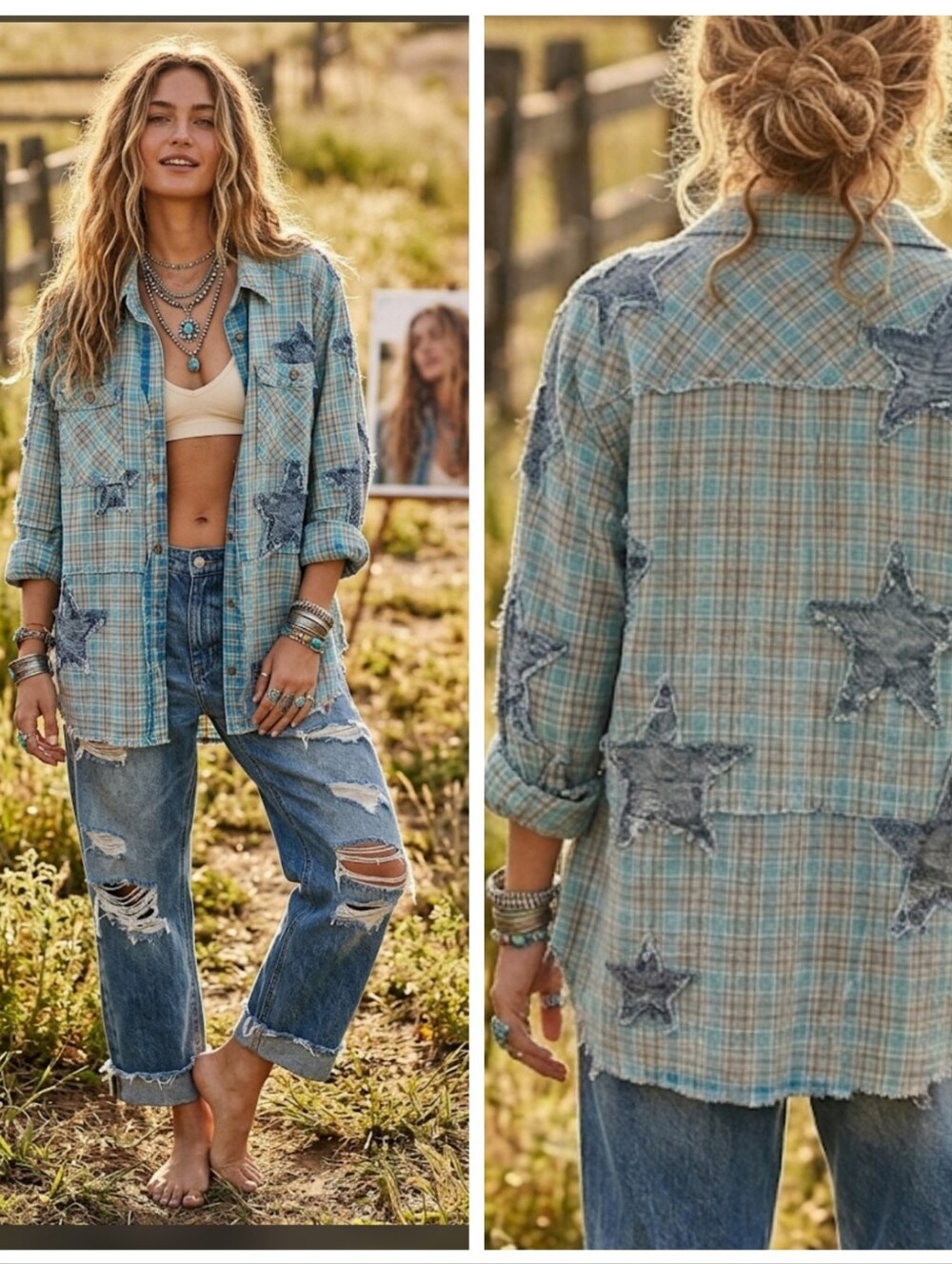Plaid Star Embroidered Distressed Shacket - Blue/Tan